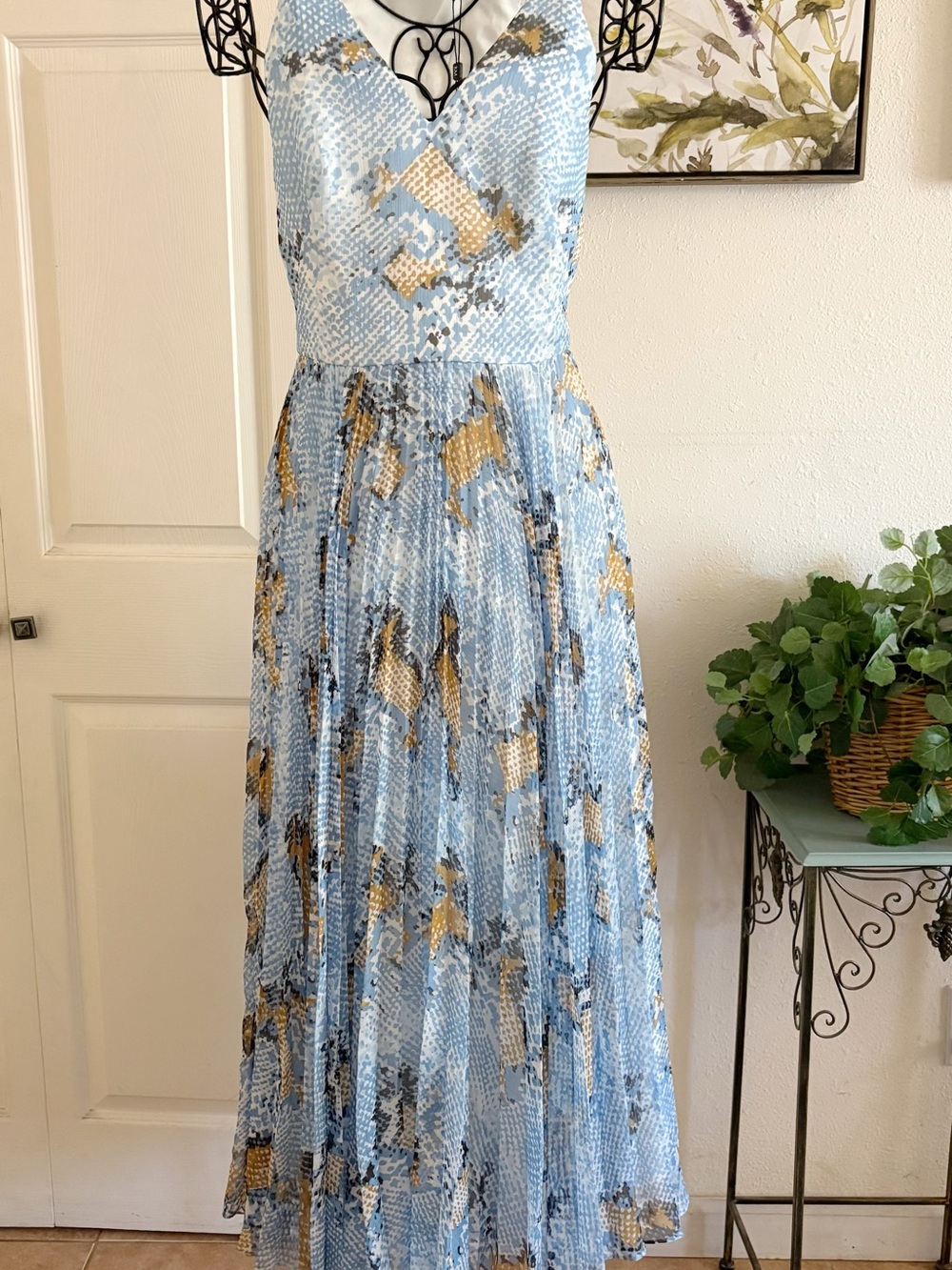 Karen Millen Sky Blue and Gold Printed Sleeveless Maxi Dress